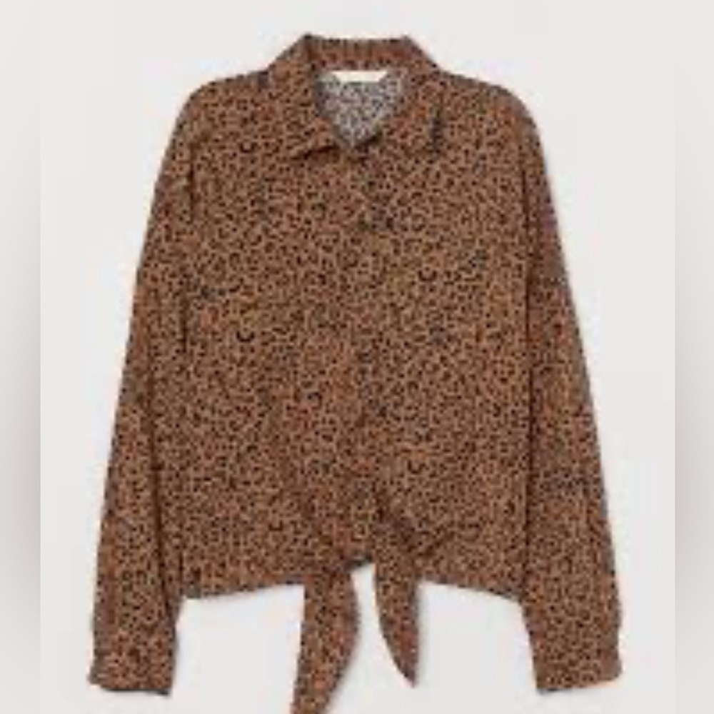 H&M - Dark Beige And Leopard Button Down Lightweight Tie At Hem Blouse Size 2